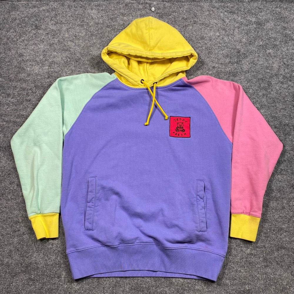 Teddy Fresh Mens Colorblock Hoodie‎ Purple Pink Mint Yellow Patch Logo Size M